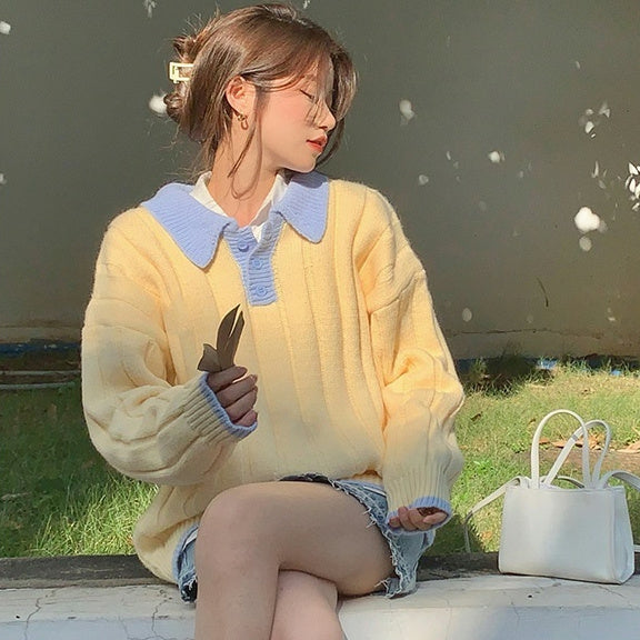 Women's Preppy Style Collar Contrast Color Loose Sweater