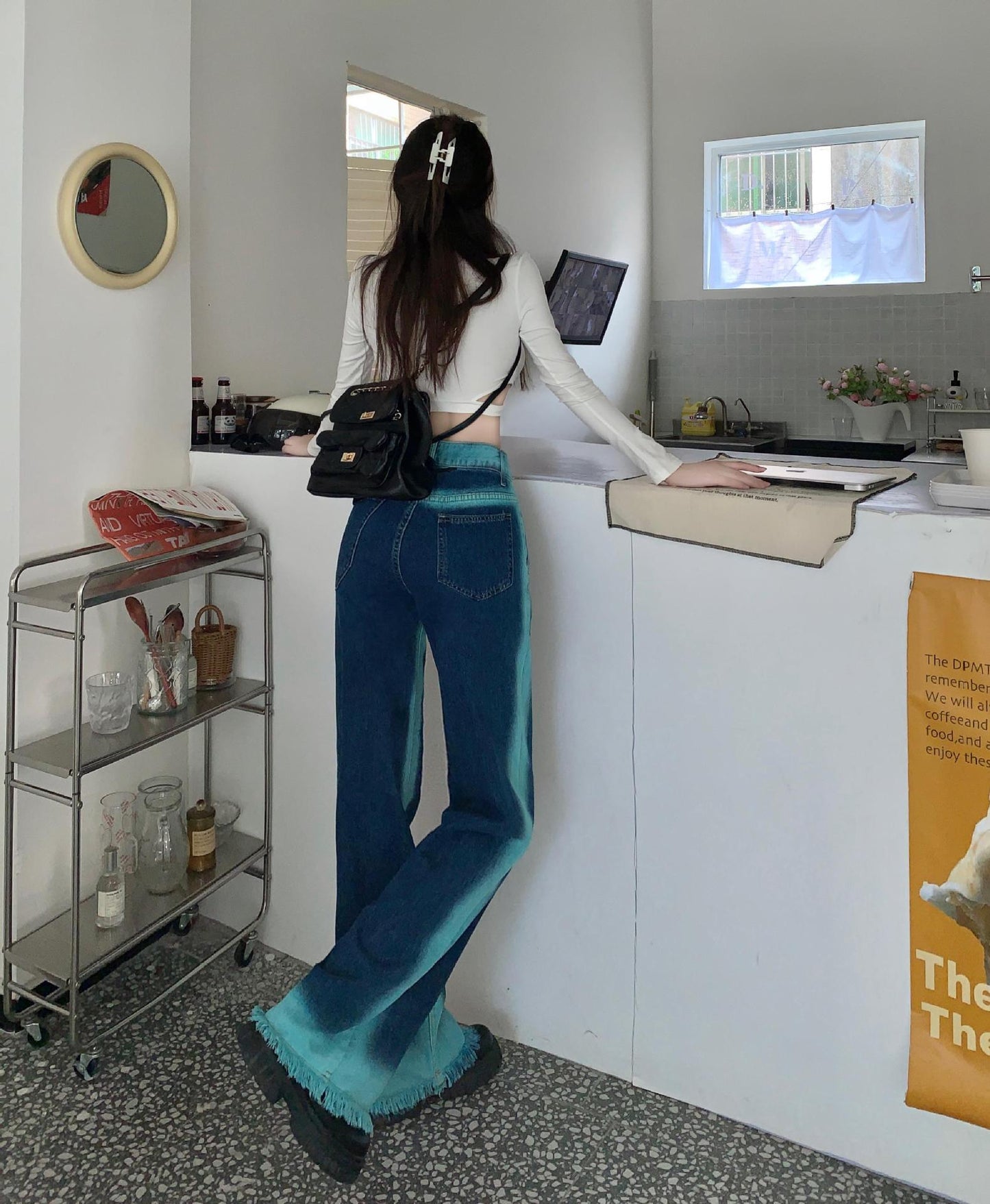 Street Color Jeans With Wide Legs And Raw Hem