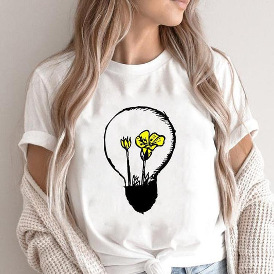 Cute Women's Flower Print Short-sleeved T-shirt