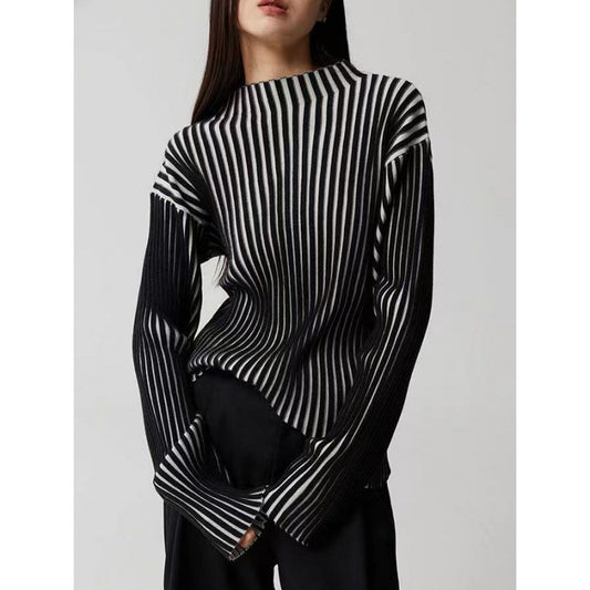 Long Sleeve Sweater Black And White Contrast Color Texture Half Turtleneck Sweater