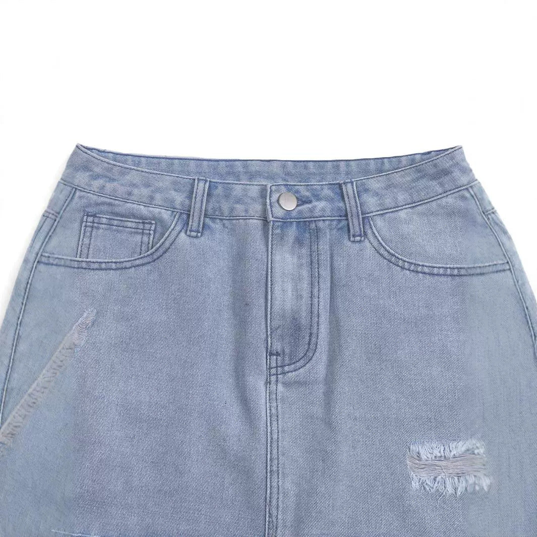 Ripped Denim Mini With Raw Hem Street-style Casual Denim Skirt Featuring Pockets