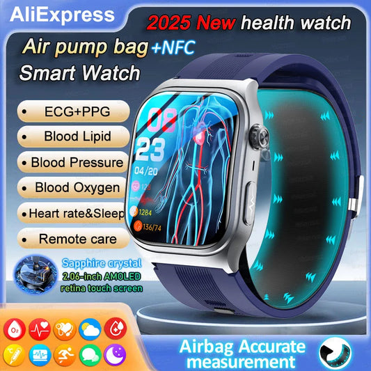 2025 New Health Monitor Smart Watch Blood Pressure Lipid Uric Acid ECG NFC Body Temperature Bluetooth Call Health Smartwatch