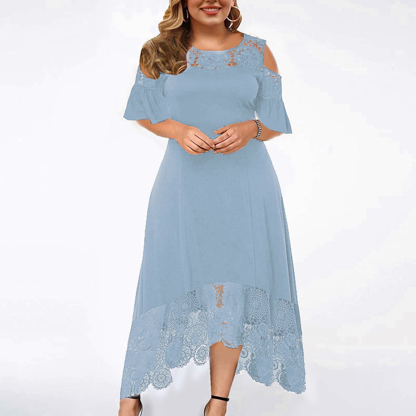 Solid-color Lace High-waist Crew-neck Wrap Dress