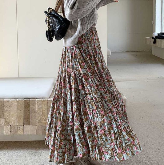 Autumn And Winter Floral High Waist Blue Pleated Skirt