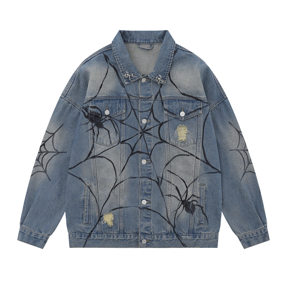 Spring And Autumn Jacket Men's Spider Web Printed Design Sense Niche High Street Washed And Worn Denim Coat