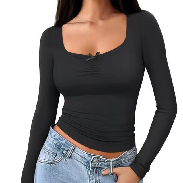 Women's Minimalist Pure Desire Style U-neck T-shirt Autumn And Winter Tight-fitting Figure-flattering Base Top