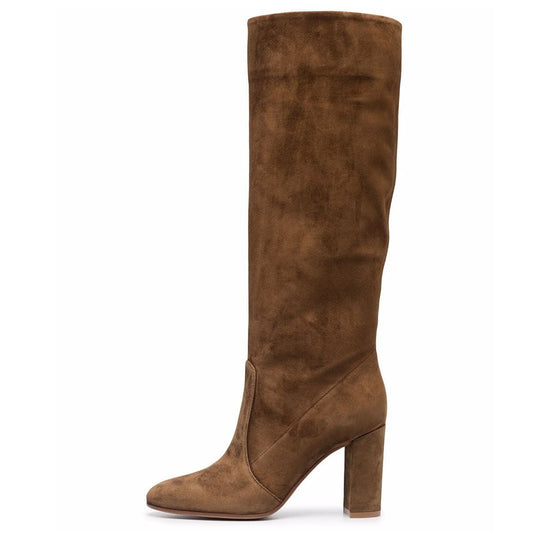 Suede Pleated High Heel Thick Heel Pointed Sleeve Boots