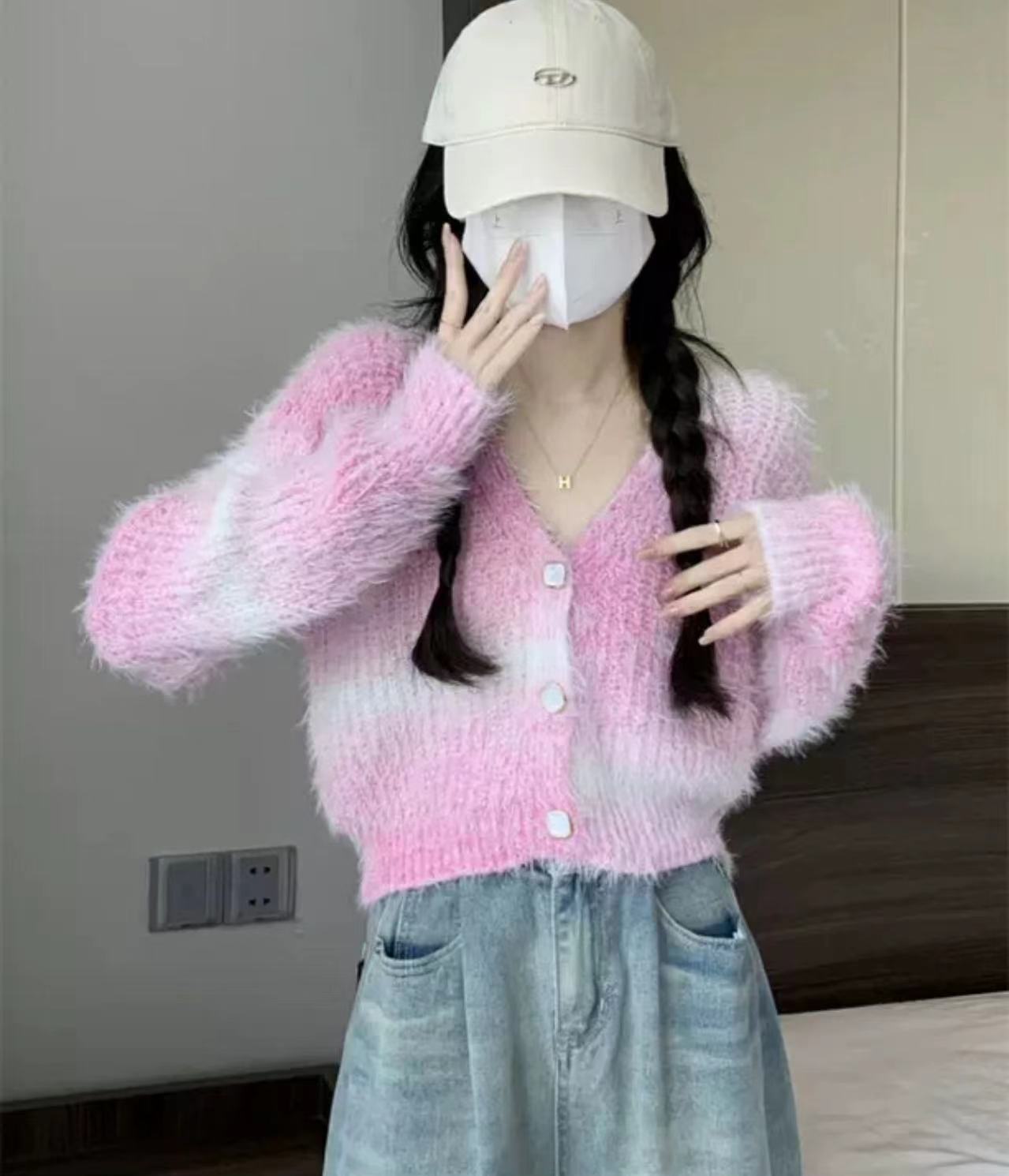 Gradient Color Autumn And Winter V-neck Mink Sweater Coat Female Small Short Outer Wear Wool Knit Cardigan