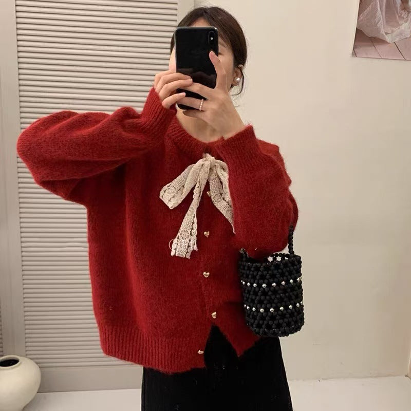 New Lace Lace-up Round Neck Heart Buckle Long Sleeve Plush Knitted Cardigan