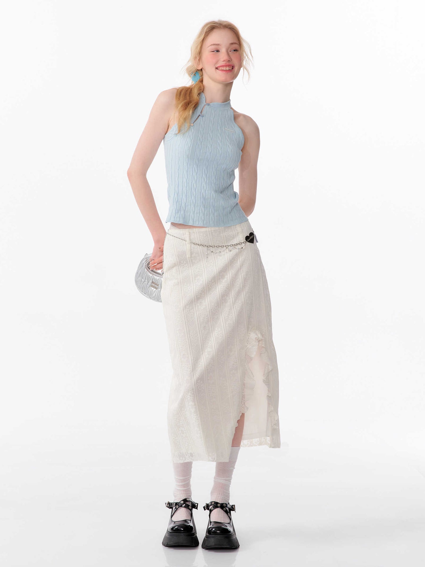 High Waist Apricot Ruffled Lace Split Midi Skirt
