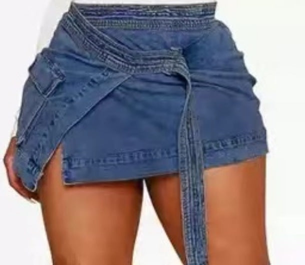 Mode-snøreliv til kvinder med lomme og uregelmæssig denimnederdel
