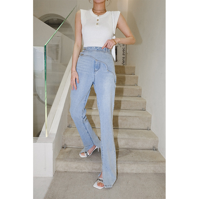 Side Slit High Waist Women's Slim Yuppie High Street Cotton Slim Jeans