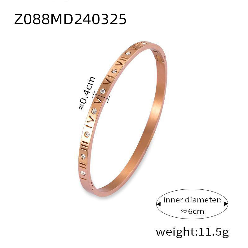 Retro Minority Unique Simple Jewelry Carved Roman Digital Design Diamond-embedded Titanium Steel Gold-plated Bracelet