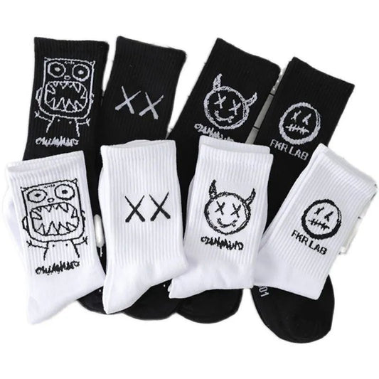 Emoji-filled Cotton Black-and-white Instagram-style Cartoon Hip-hop Quirky Long Socks For Couples