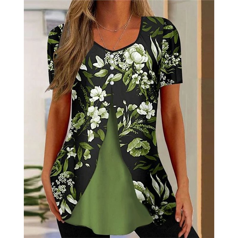 Women's Floral Print Round Neck False Two Pieces Button Short Sleeve T-shirt