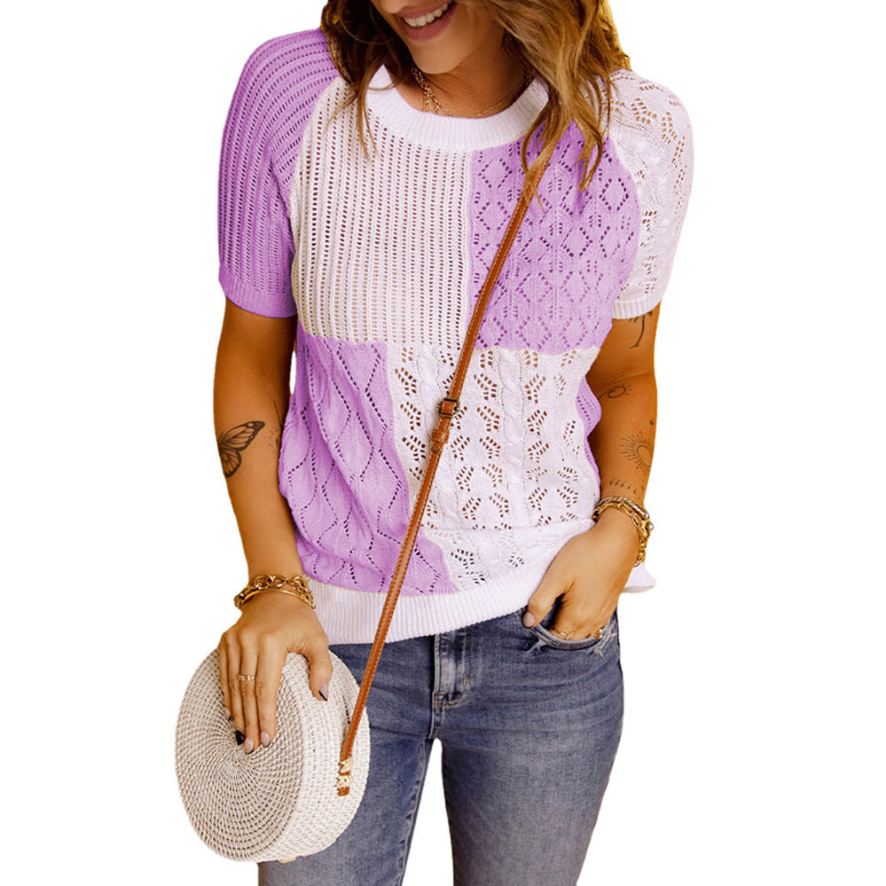 New Fashion European And American Color-blocking Knitted Short-sleeved T-shirt Top Knitted Sweater