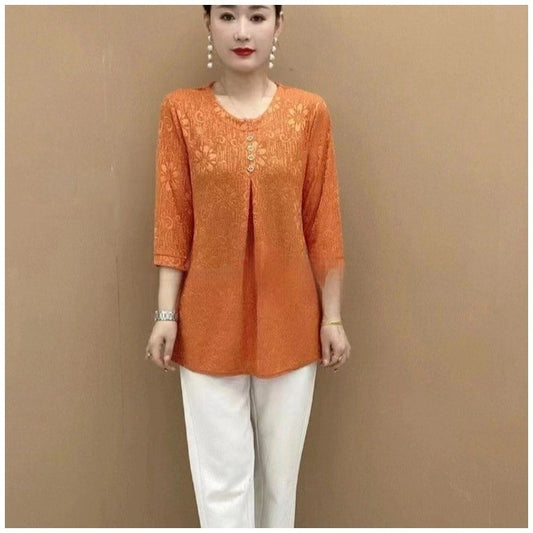 Three-quarter Sleeve Round Neck Jacquard Loose Oversized Shirt
