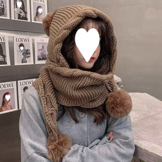 Korean-style Wool Hat Versatile Attached Scarf