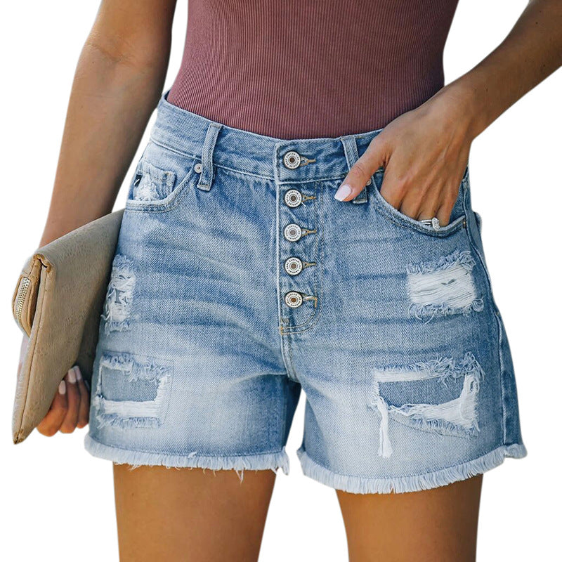 Amazon Explosive Hole Flow Patch Ladies High Stretch Denim Shorts