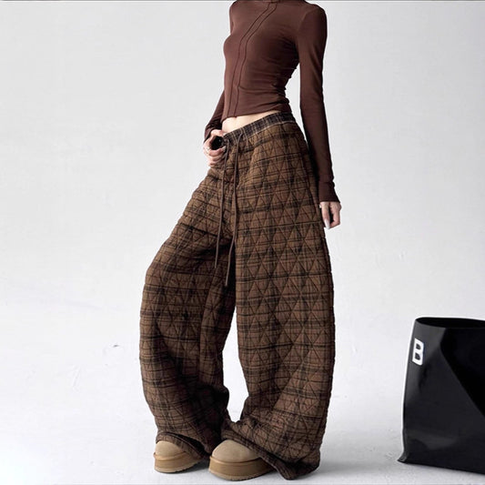 European And American Street-style Casual High-waisted Straight-leg Retro Wide-leg Fleece-lined Pants