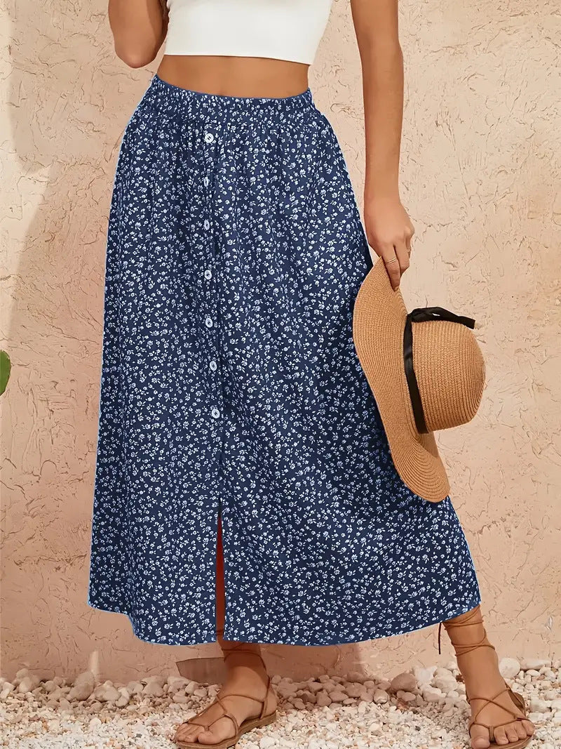 European And American Printed Breasted Self-tie Summer Pastoral A- Line Skirt Advanced Skirt