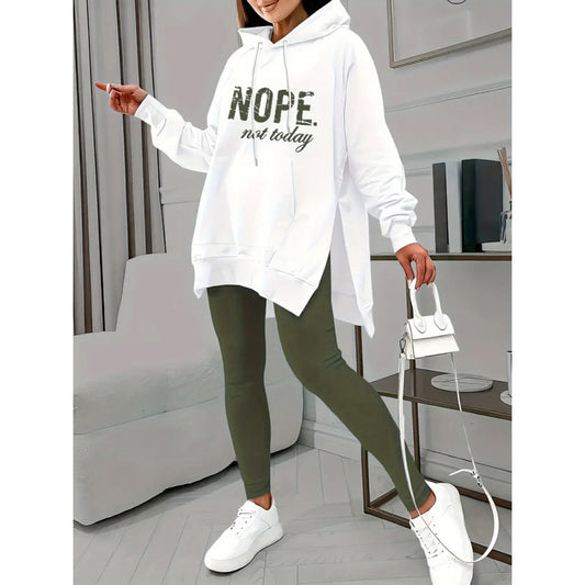 Letter Print Pocket Slit Casual Long Sleeve Hooded Casual Set