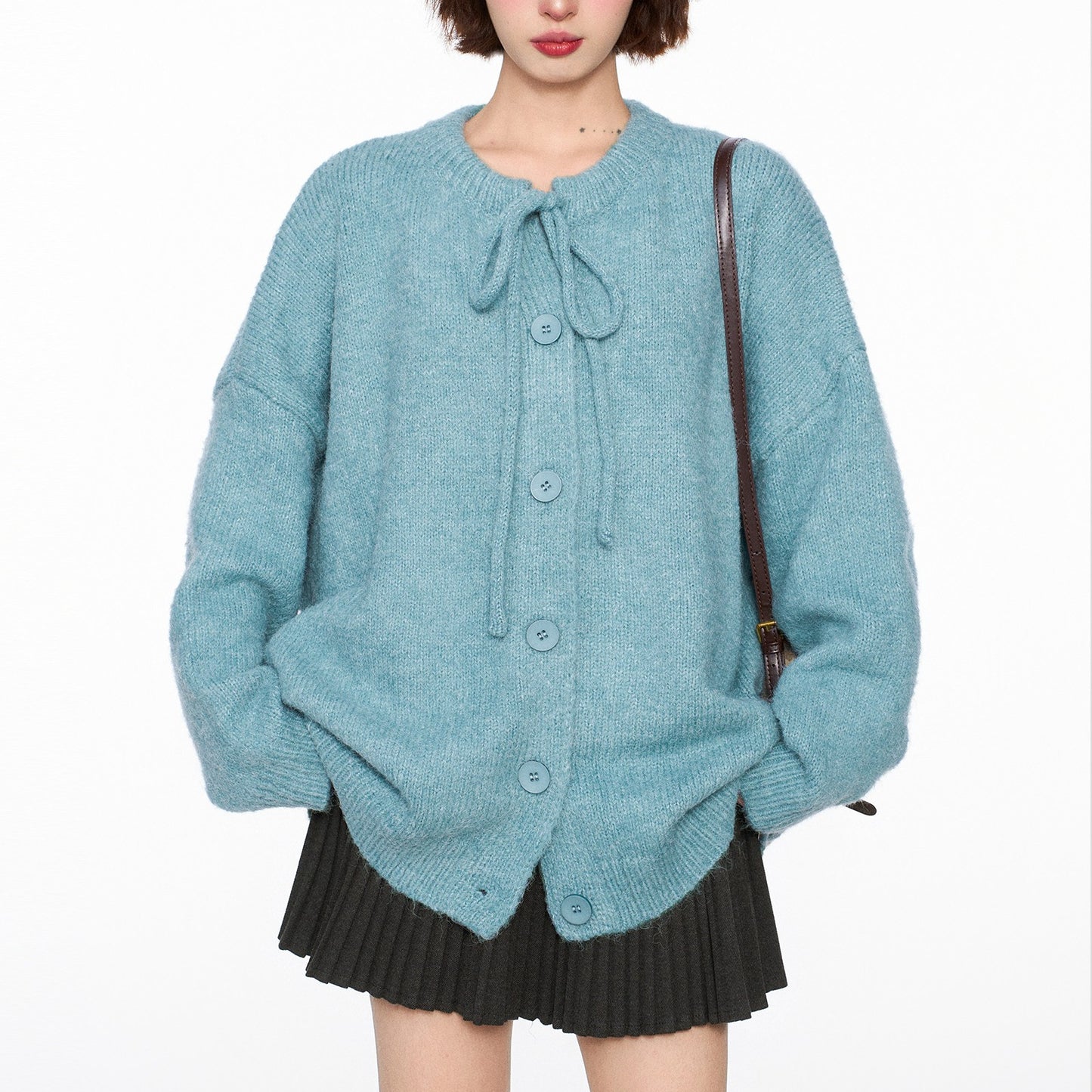 Lace-up Crew Neck Single-breasted Sweater Coat