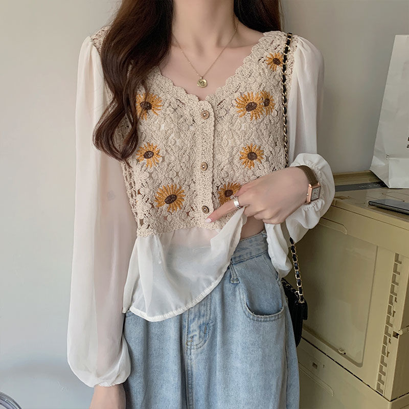 Early Autumn National Style Top Hollow Design Sunflower Embroidery Slightly Breathable Western Style Small Shirt Outer Wear