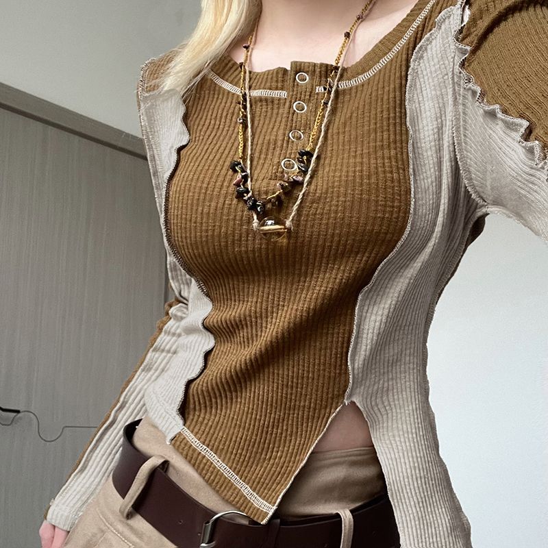Long Sleeves With Irregular Split Stitching And Contrasting Colors