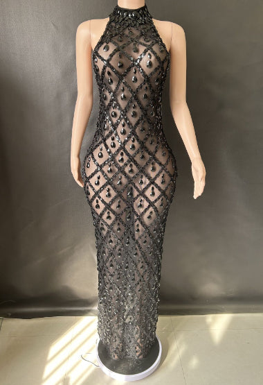 Shimmering Rhinestone High-neck Sleeveless Sexy Mesh Sheer Plaid Evening Gown