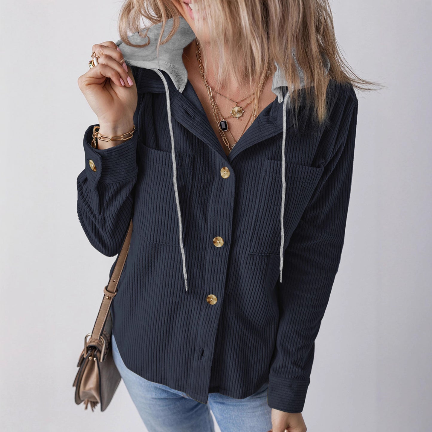 Lapel Buckle Cardigan Pouch Hooded Drawstring Striped Coat