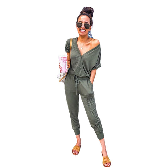 Women's Fashion Casual V-neck Fitted Waist Jumpsuit