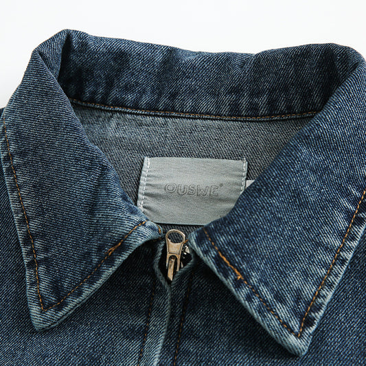 Three-dimensional Pocket Decoration Polo Collar Jacket Japanese-style Retro Washed Denim Jacket