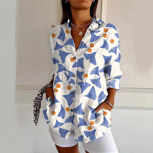 Womens Floral And Green Leaf-print Long-sleeve Blouse