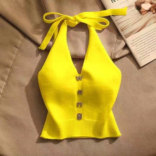 Summer Design Sense Off-the-shoulder Short Hot Girl Halter Spaghetti Straps Vest