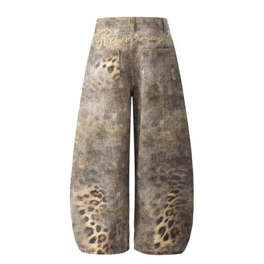 Womens American-Style Vintage Distressed Leopard-Print Wide-Leg Denim Jeans