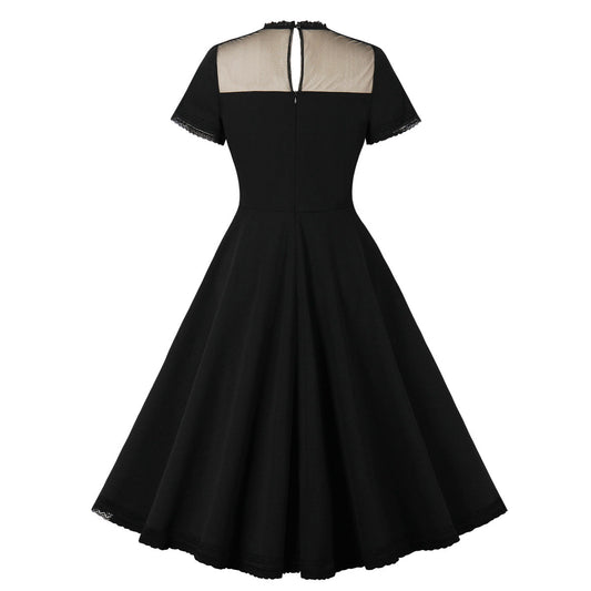 Elegant Womens Ruffled Collar Mesh Patchwork Hollow-Out Dress
