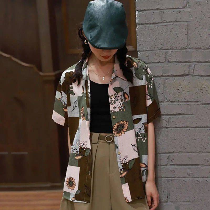 Retro Flower Print Shirt Summer Loose Design Small Short Sleeves
