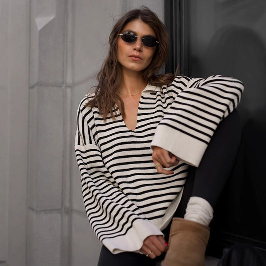 Stribet langærmet løs pullover sweater til kvinder