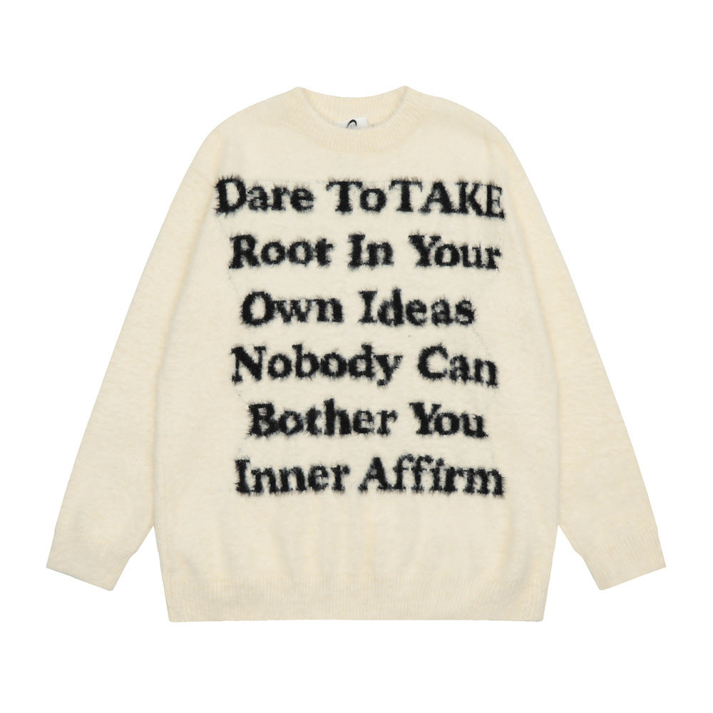 English Letter Crew Neck Velvet Padded Sweater