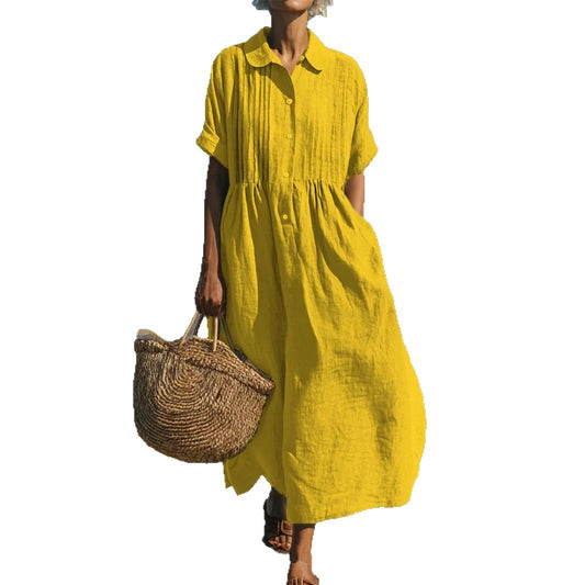 Notch-collar Button-front Pleated Short-sleeve Cotton-linen Dress