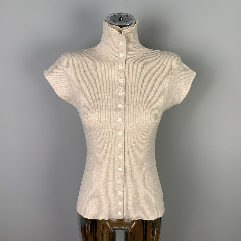 Feminine Single-Breasted Sleeveless Knitted T-Shirt Top