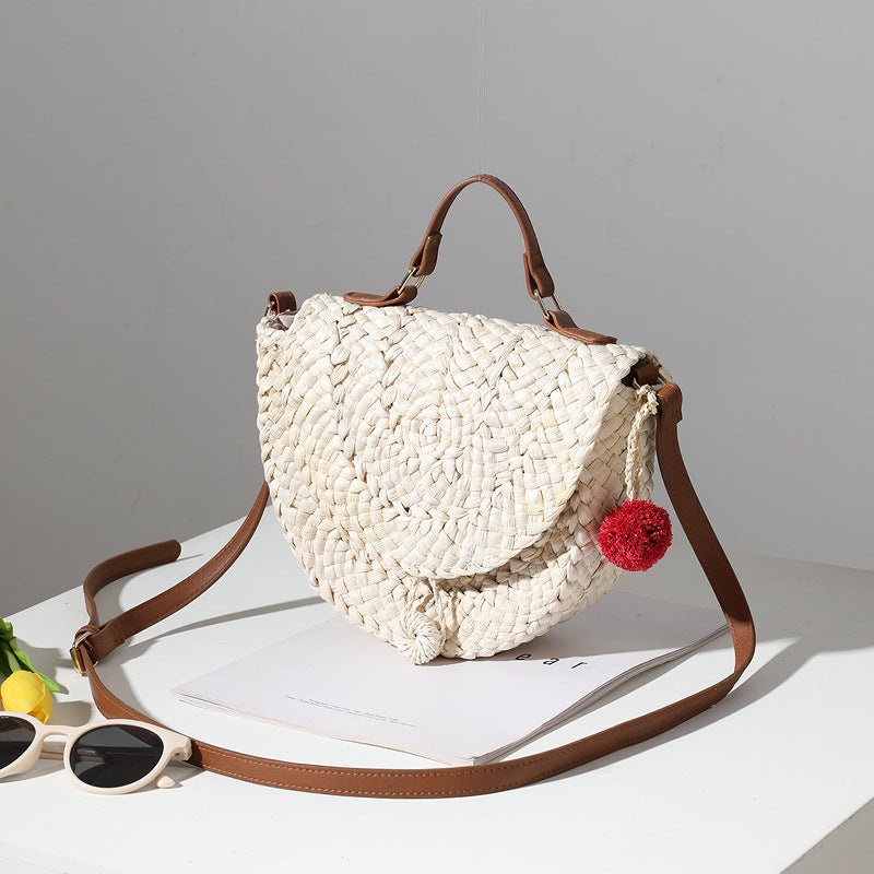 Cute Fur Ball One-shoulder Portable Straw Bag