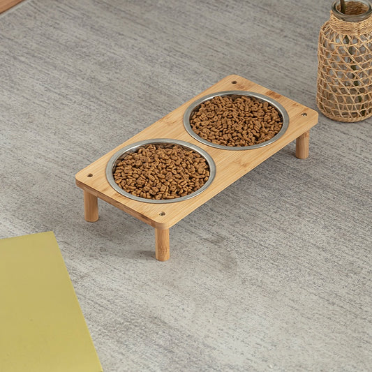 Pet Bowl Dog Food Pot Anti-tumble Large Stainless Steel Bamboo Frame Combination