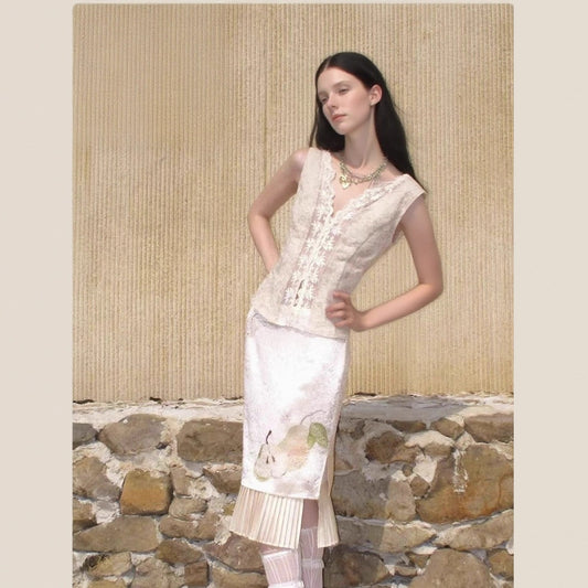 Lace-panelled V-neck Sleeveless Tank Top Fruit-print Patchwork Pleated Midi Skirt