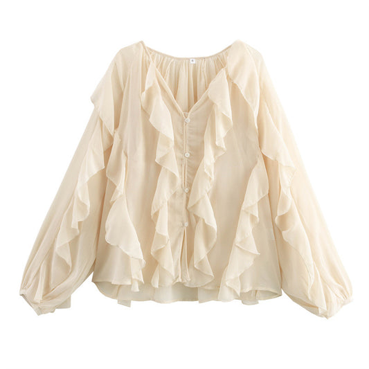 Women's Laminated Fashion V-neck Long Sleeve Shirt