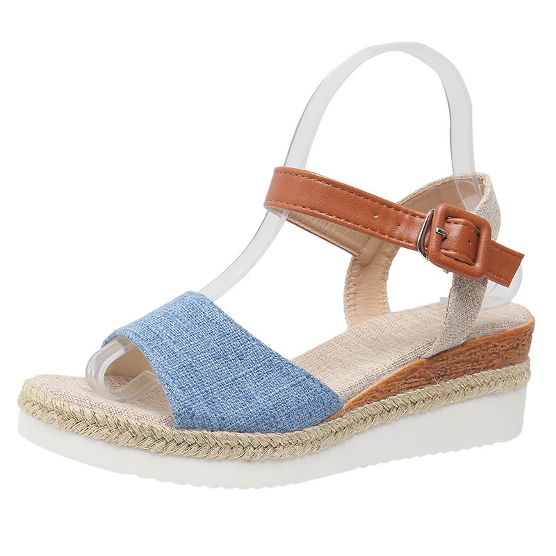 New Style Ankle-Strap Jute-Soled Lightweight Casual Fishmouth Wedge Sandals For Women
