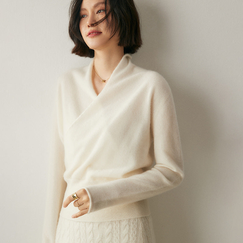 Women's Solid Color V-Neck Cross Cashmere Sweater Top