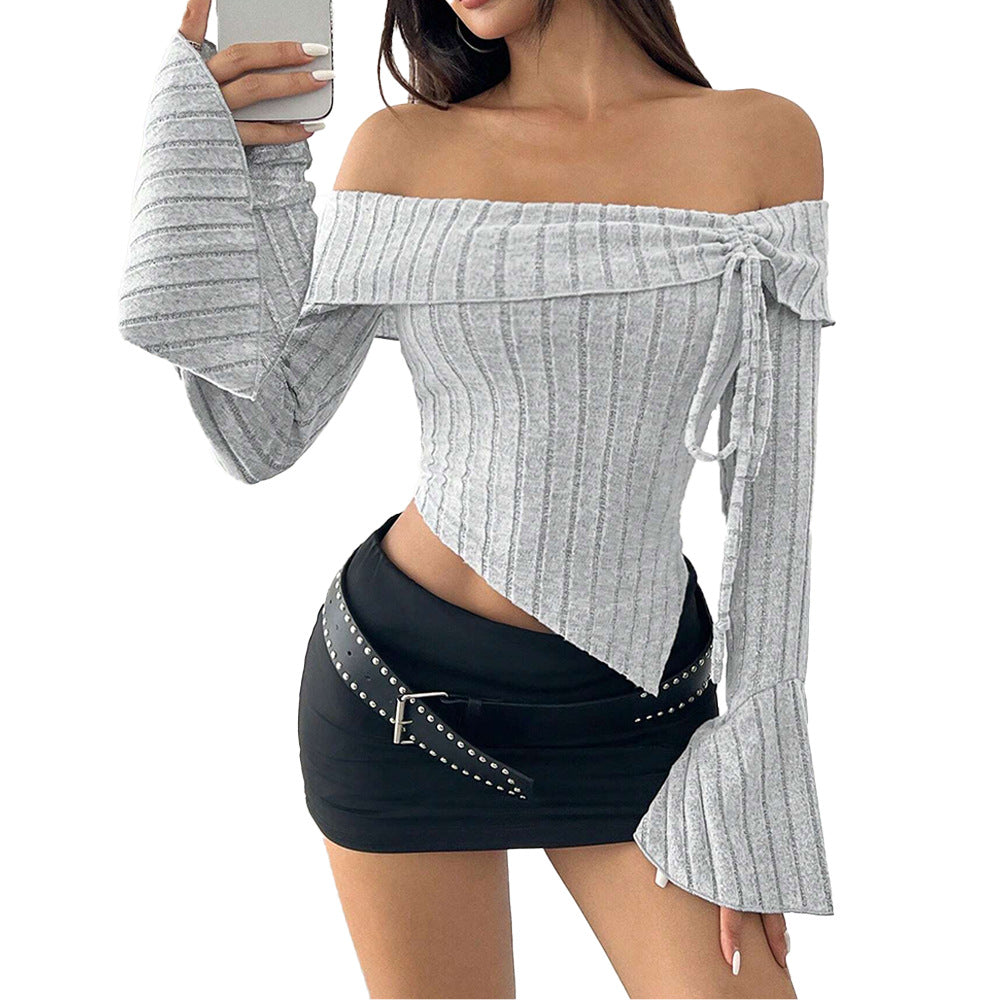Women's Off-neck T-shirt Bell Sleeve Short Midriff-baring Top