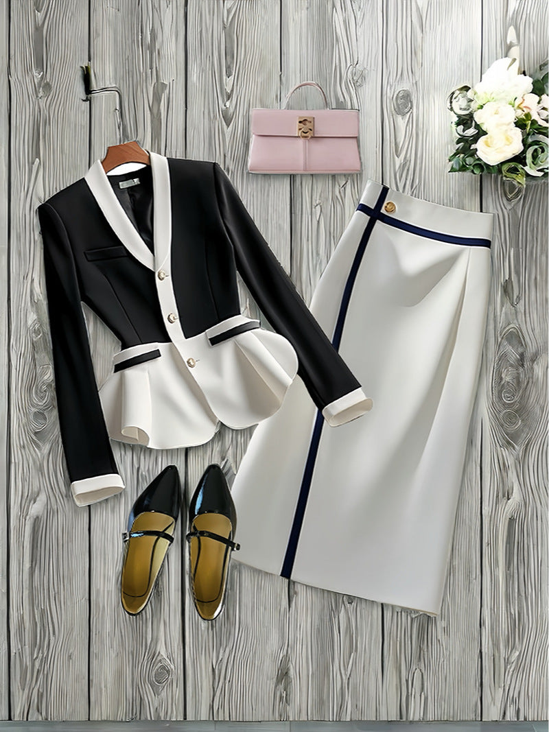 Classic Style Western Style Contrast Color Tight Waist V-neck Long Sleeve